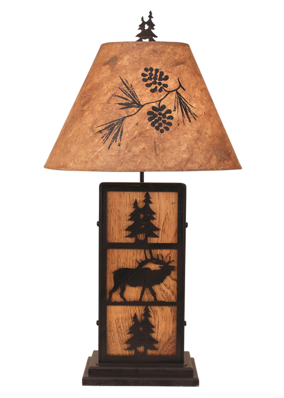 Kodiak Elk and Tree Iron/Wood Table Lamp- Pine Tree Shade - Coast Lamp Shop