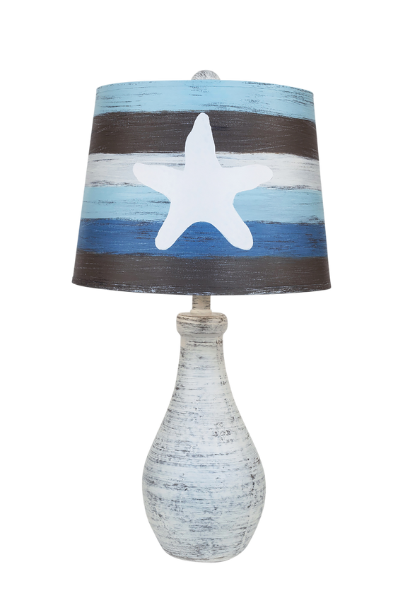 Shabby Cottage Eggplant Clay Jug Table Lamp with Striped Starfish Shade