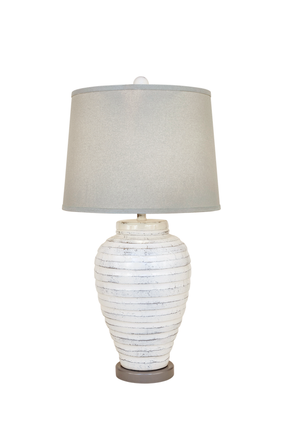 Farmhouse Small Pottery Table Lamp with Grey Base and Grey Linen Shade