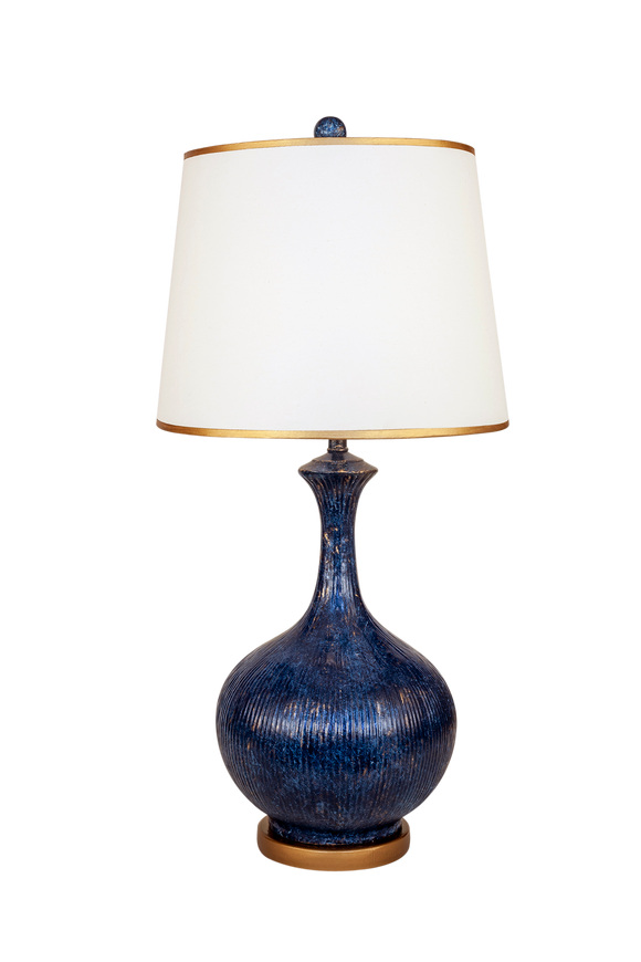 Two Tone Navy w/ Gold Accent Bali Style Table Lamp w/ Round Base Accent and Gold Trim Shade
