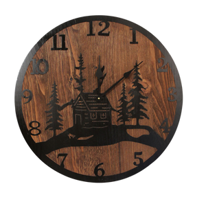 24" Round Wooden Clock with Etched Cabin and Tree Accent - Coast Lamp Shop