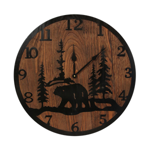 24" Round Wooden Clock with Etched Bear and Tree Accent - Coast Lamp Shop
