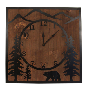 STAIN/BLACK 30" SQUARE WOODEN CLOCK WITH ETCHED BEAR SCENE