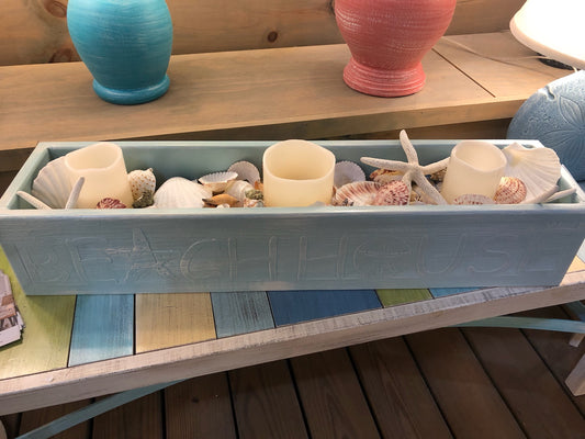 30" Weathered Atlantic Grey Wooden Centerpiece with Beach House etched - Coast Lamp Shop