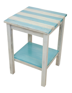 Cottage/Turquoise Sea Stripe All Wood 17" End Table with Uneven Top and Shelf