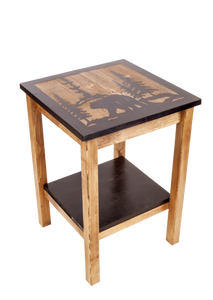 Stain/Black All Wood End Table with Bear Scene and Shelf