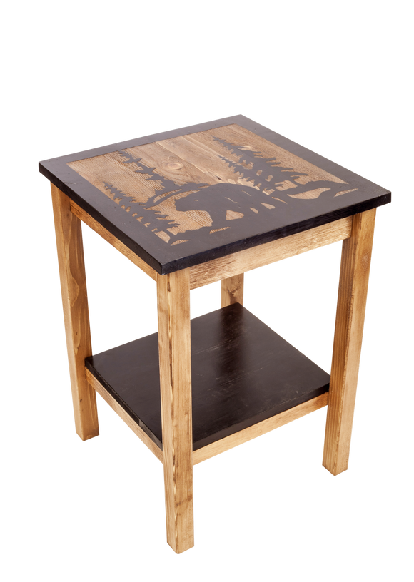 Stain/Black All Wood End Table with Bear Scene and Shelf