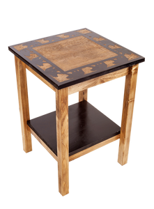 Stain/Black All Wood End Table with Bear Boarder Scene and Shelf