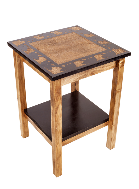Stain/Black All Wood End Table with Bear Boarder Scene and Shelf