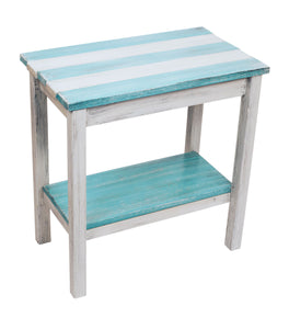 Cottage/Turquoise Sea Stripe All Wood 14"x23 End Table with Uneven Top and Shelf