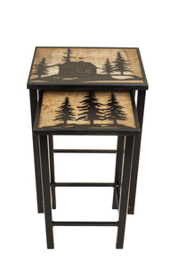 Black/Stain Nesting Iron/Wood Drink Tables with Cabin and Trees Accent