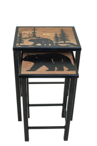 Black/Stain Nesting Iron/Wood Drink Tables with Bear Scene Accent