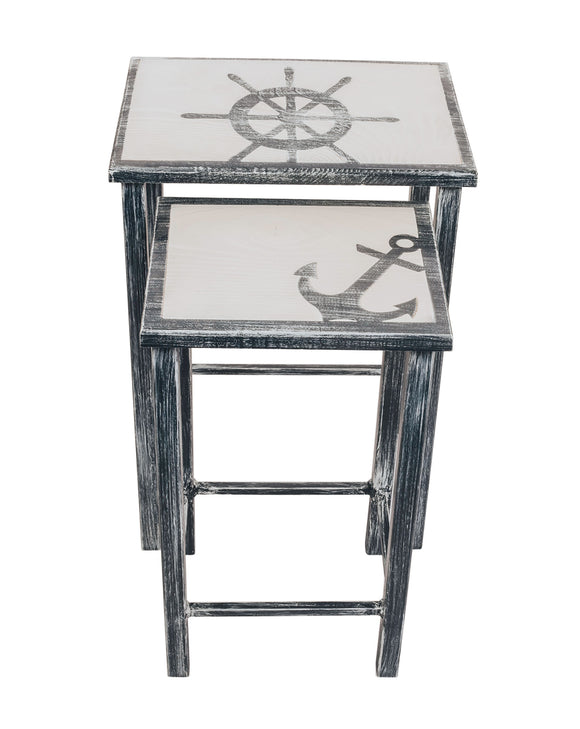Navy/Cottage Nesting Iron/Wood Drink Tables with Captains Wheel and Anchor Accent