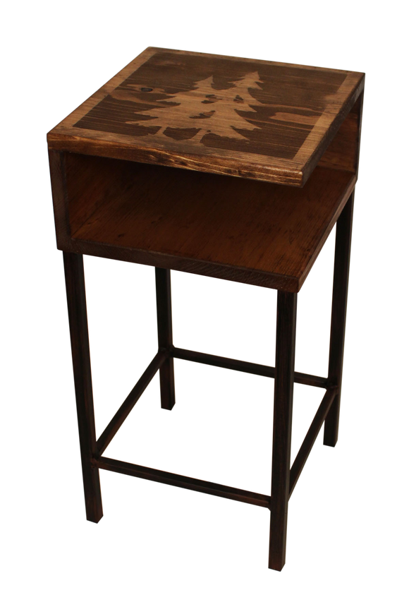 Burnt Sienna/Stain Iron Drink Table with Wooden Shelf and Pine Tree Top - Coast Lamp Shop
