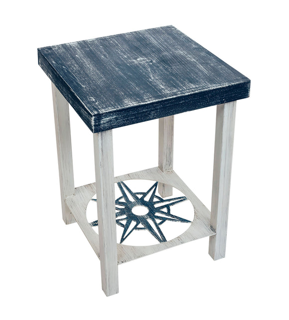 Cottage/Navy Square Iron End Table with Nautical Compass Accent and Wood Top