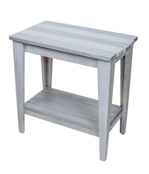 Cottage/Pale Grey Stripe Tapered Leg Side Table with Deck Board top and Bottom Shelf