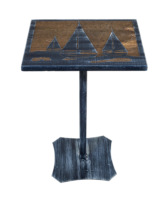 Weathered Navy/Stain Iron/Wood Drink Table with Sailboat Scene Top