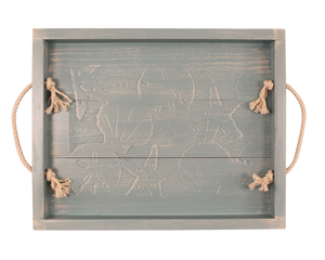 13"x18" Wood Tray with Etched Multi Shell Scene and White Rope Handles - Weathered Atlantic Grey - Coast Lamp Shop