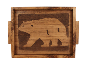 13"x18" Wood Tray with Etched Bear Base and Woode Handles- Stained - Coast Lamp Shop