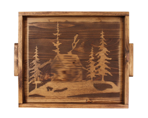 18"x20" Wood Tray with Etched Cabin Scene Base and Wood Handles- Stain - Coast Lamp Shop
