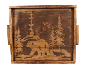 18"x20" Wood Tray with Etched Bear Scene Base and Wood Handles- Stain - Coast Lamp Shop