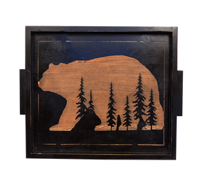 STAIN/BLACK 20" WOODEN TRAY WITH TREE IN BEAR SCENE