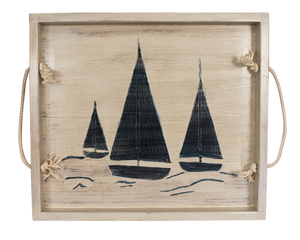 18"x20" Wood Tray with etched Sailboat Base and White Rope Handles- Nautical - Coast Lamp Shop